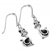Cat Silver Earrings w Drop Shaped Black Onyx, e318